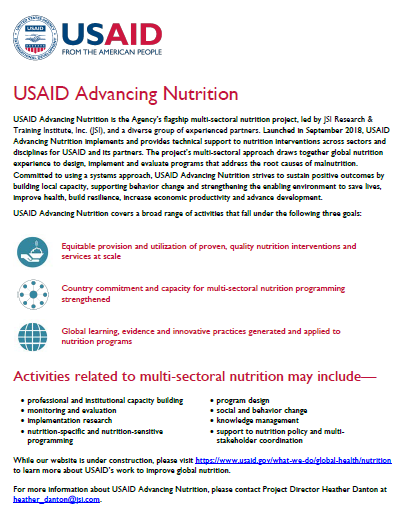 One pager of USAID Advancing Nutrition Program - INS Workshop