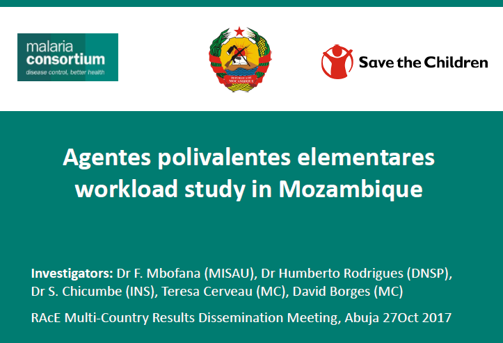 Photo de la première diapositive d'une présentation intitulée "Étude de la charge de travail des agents polivalentes élémentaires au Mozambique".