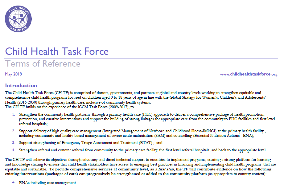 Photo of a word document, Child Health Task Force Terms of Reference.