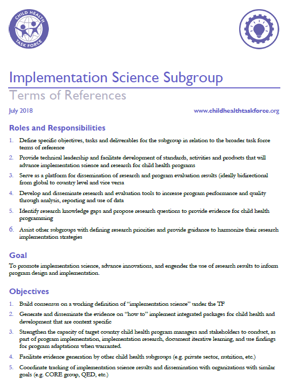 Photo of word document, Implementation Science Subgroup Terms of Reference.
