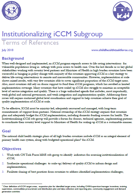 Photo of a word document, Instutionalizing iCCM Subgroup Terms of Reference.