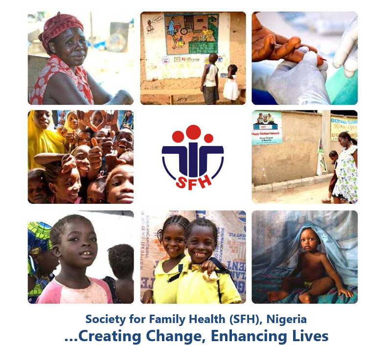 Montage d'images d'enfants sur la diapositive de titre de la présentation de SFH Nigeria.