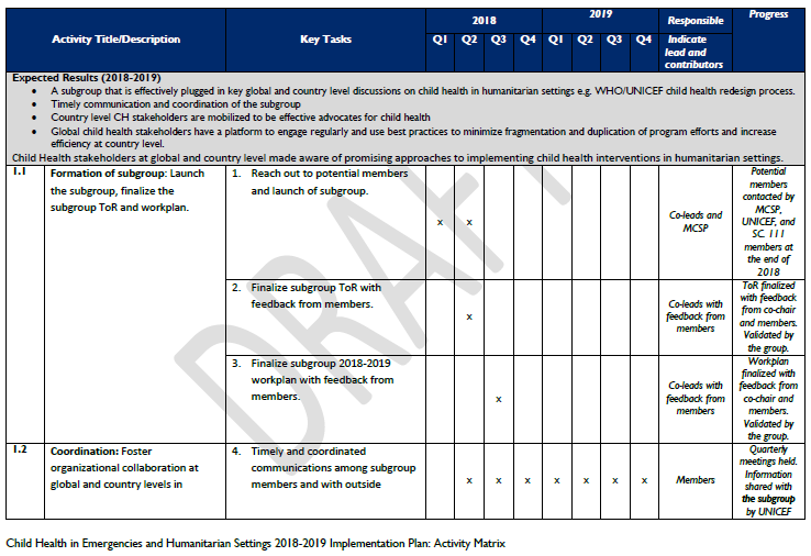 Photo of workplan matrix.