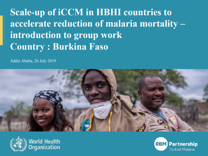 Presentation title slide, blue background with photo of three health workers