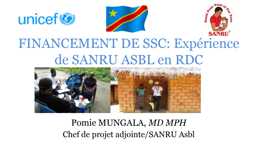 Presentation title slide, French text on white background, 2 photos of village health workers