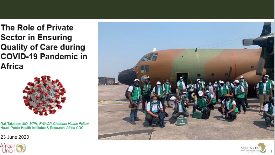 Presentation title slide, photo of COVID-19 virus, photo of health workers in front of medical supply airplane