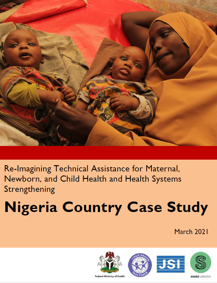 First page of Nigeria country case study. Woman lying down with two young children. 