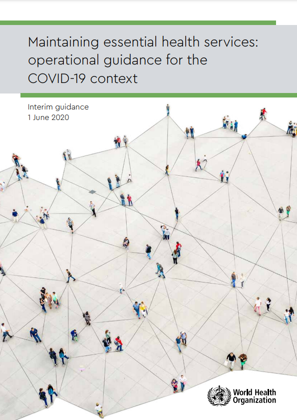 Illustration of people connected to each other in a network. Cover of WHO Maintaining Essential Health Services.