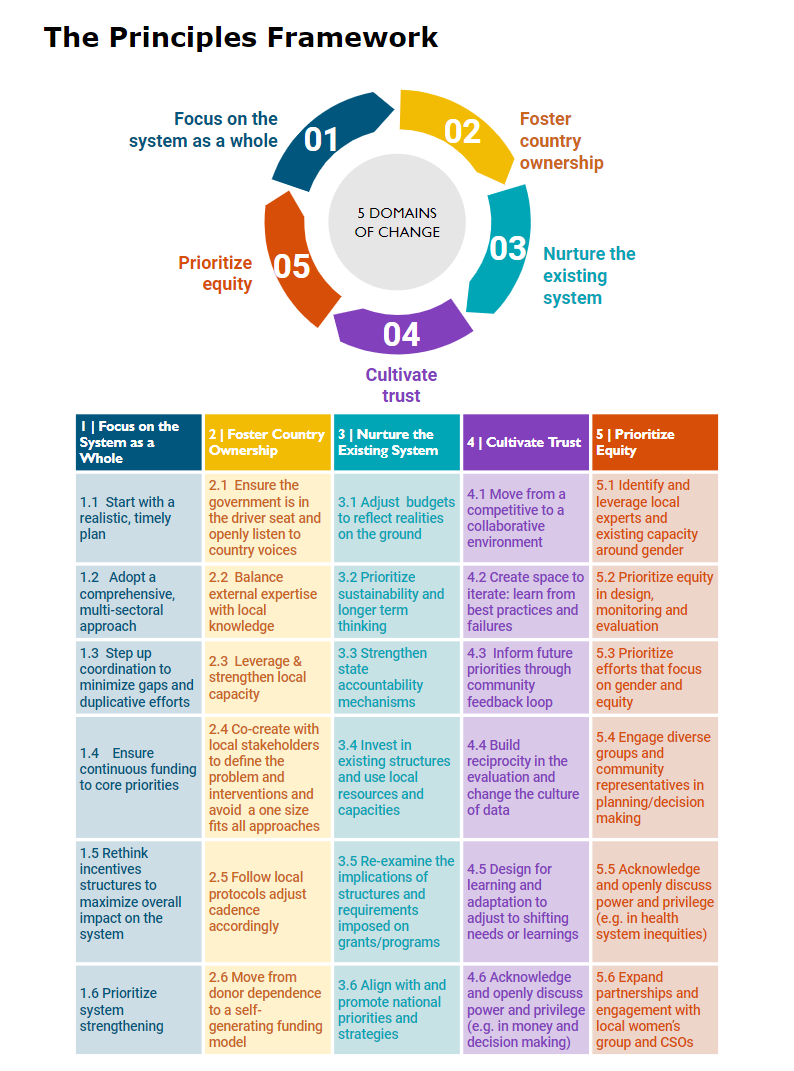 First page of principles framework: 5 domains of change and principles for capacity strengthening