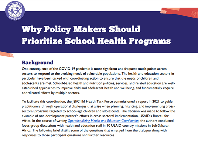 Screenshot of Why Policy Makers Should Prioritize School Health Programs brief