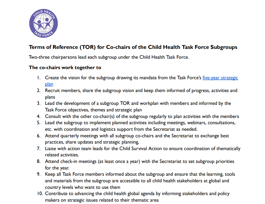 First half of subgroup co-chair TOR