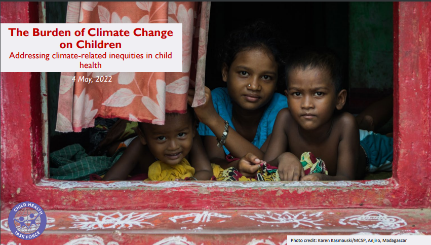 Burden of Climate Change on Children: Addressing climate-related inequities in child health presentation cover. Photo of children looking out the window.