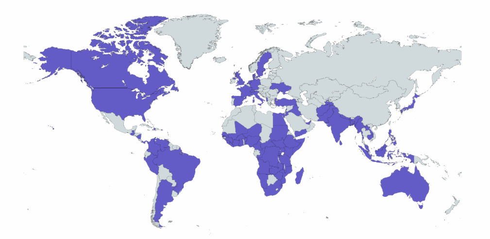 Image of the world with member countries highlighted in purple