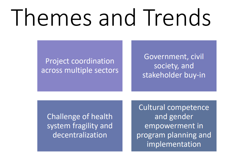 Themes and Trends: project coordination across multiple sectors, govt, civil society and stakeholder buy in, challenge of healthy system fragility and decentralization, cultural competence and gender empowerment in program planning and implementation