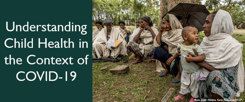 Webinar series title photo, English text on dark green background, group of women and children outside