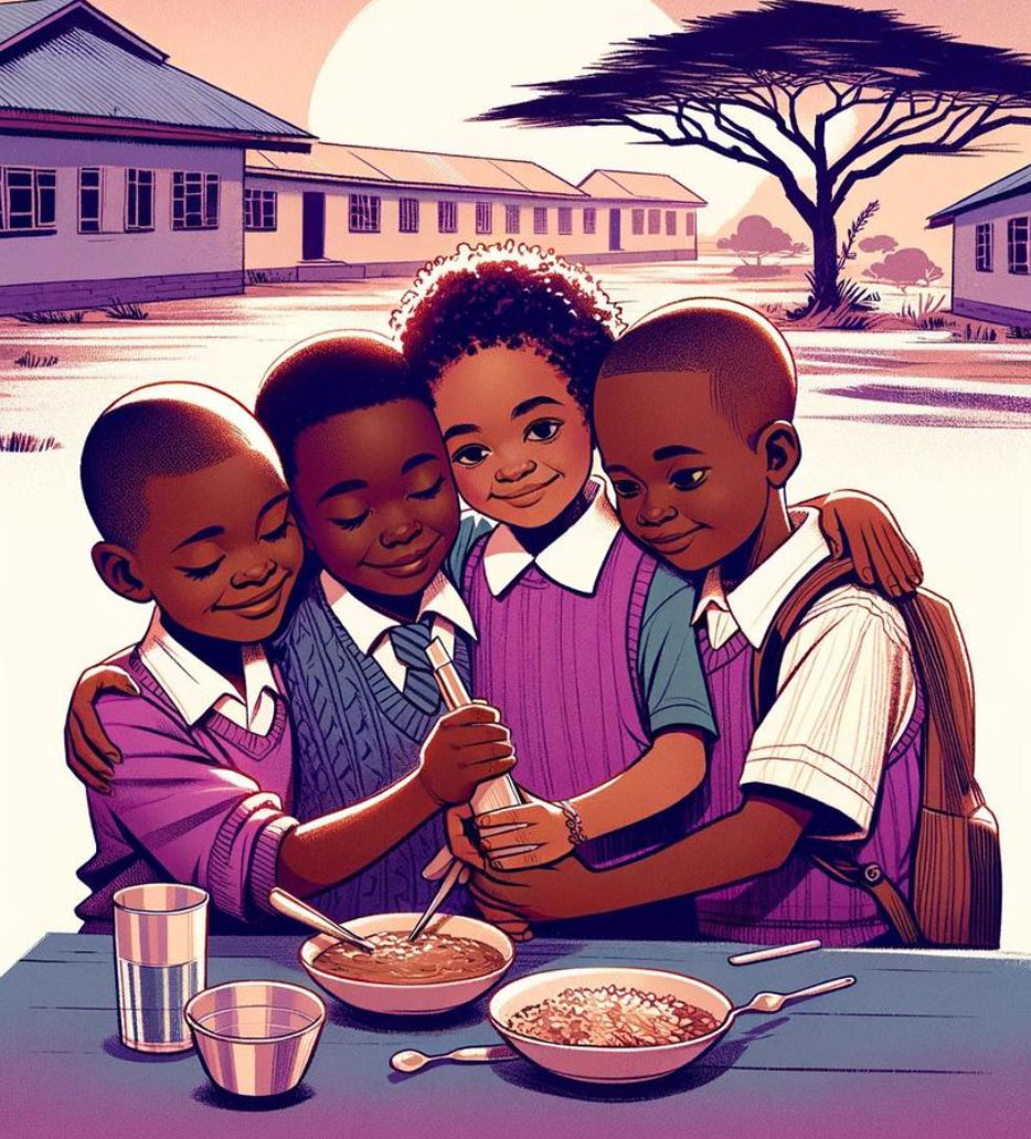 Illustration of four children in a village