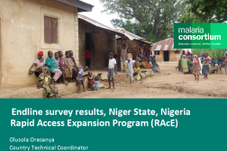 Photo of presentation title slide with picture of people outside a village home.