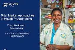 Ttile slide of presentation with a photo of a woman in a medicine shop