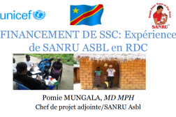 Presentation title slide, French text on white background, 2 photos of village health workers