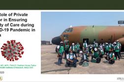 Presentation title slide, photo of COVID-19 virus, photo of health workers in front of medical supply airplane