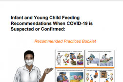 Cover of the IYCF package. Illustration of a health worker standing next to the illustrated counseling cards that are included in the package.