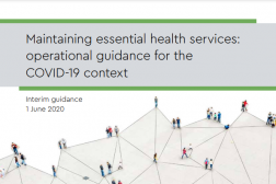 Illustration of people connected to each other in a network. Cover of WHO Maintaining Essential Health Services.