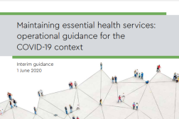 Illustration of people connected to each other in a network. Cover of WHO Maintaining Essential Health Services.